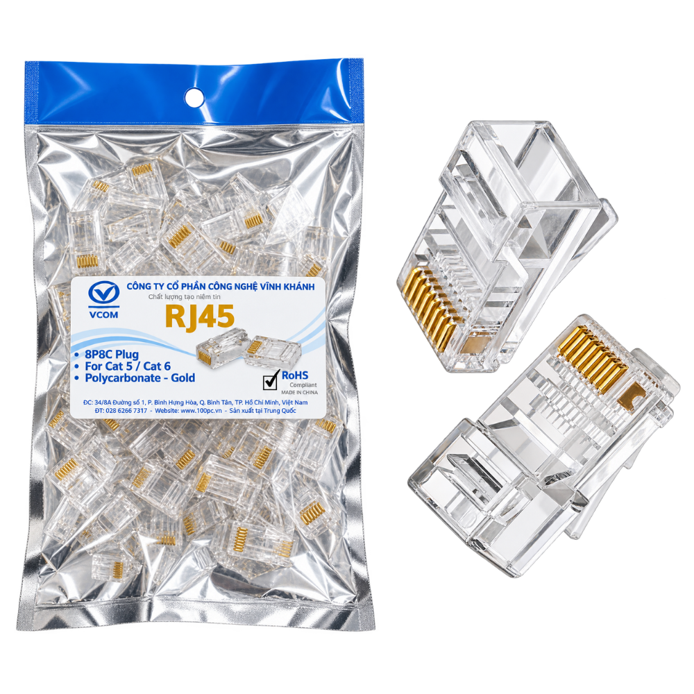Đầu Mạng Xuyên Thấu VCOM RJ45 Mạ 1 Micron 3 Chân Kèm Chụp – Hộp 100 Cái