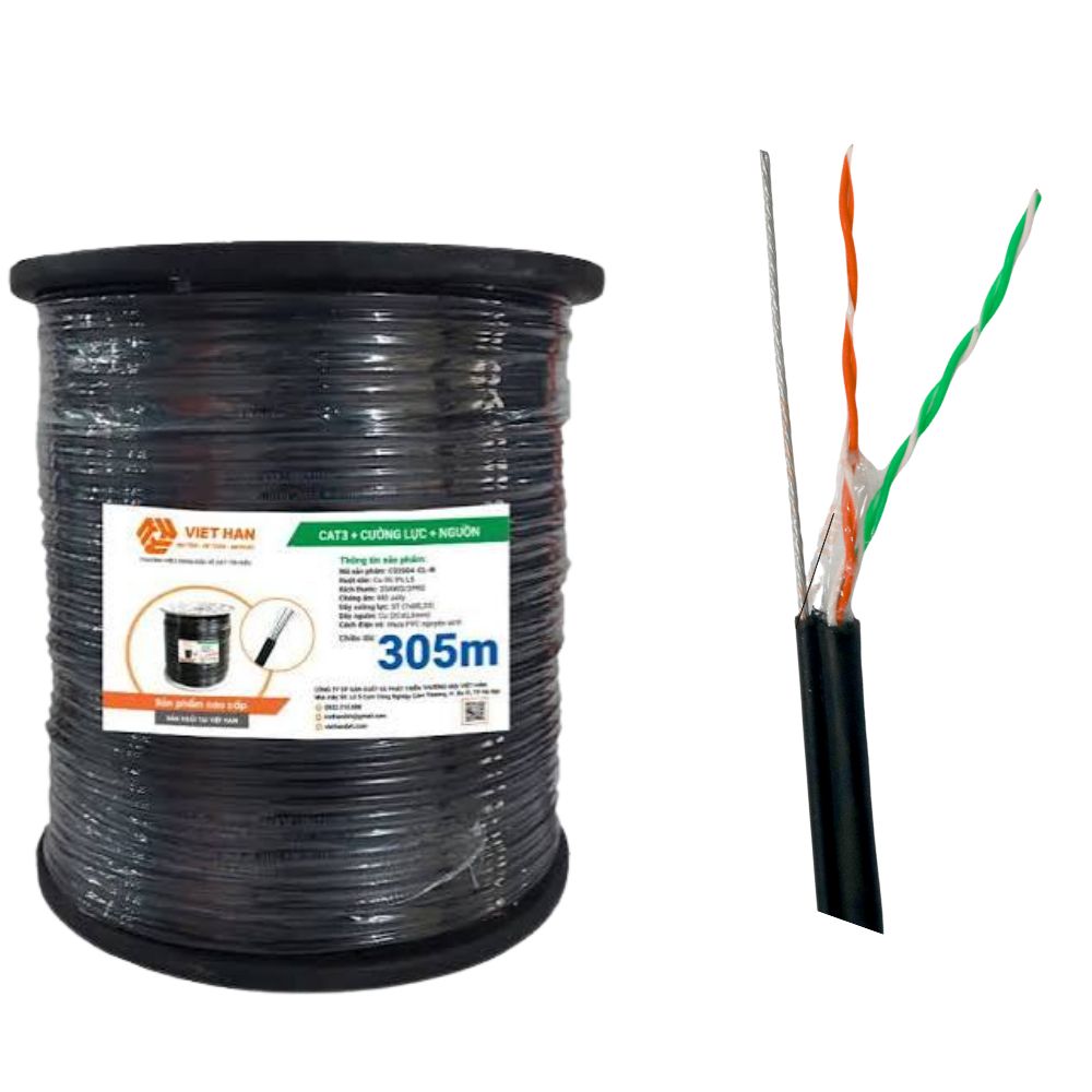 Cáp Mạng Việt Hàn Cat3 25AWG + Nguồn PVC 305m